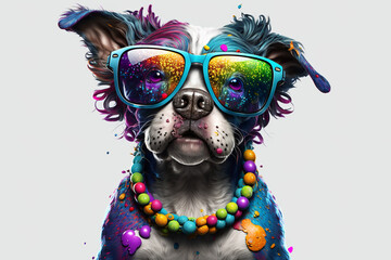 Wall Mural - Cartoon colorful dog with sunglasses on white background. Created with  generative ai