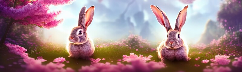 Cute little rabbit for easter spring holiday, spring holiday banner illustration. Nice rabbit sitting on the meadow grass grass. spring flower meadow