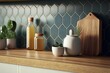 Calm minimalistic kitchen counter with blue tiles backsplash