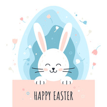 Easter Rabbit. Trendy Easter Design With Typography, Bunny, Flowers, Egg In Pastel Colors. Vector Illustration