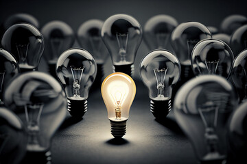 creative social concept. success in business or talent. stand out from the crowd. lit lightbulb spot