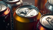 Cans Of Sweet Drinks And Beer, Cooling Frozen And With Water Drops. Generative AI.