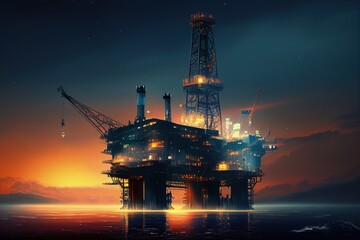 Oil production in offshore fields, and oil rig at night.  Concept. Generative AI.