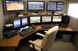 Surveilence monitoring workplace with many screens. Control room.