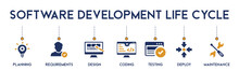Software Development Life Cycle Banner Web Icon Vector Illustration Concept Of Sdlc With Icon Of Planning, Requirements, Design, Coding, Testing, Deploy And Maintenance On White Background