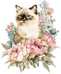 Aufkleber - Cat with flowers illustration created with Generative AI technology