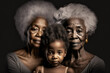Two afro-american elderly women and little girl portrait on black background. Beautiful black mature grandmothers with granddaughter looking at camera on black background, Generative AI illustration.