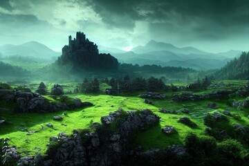 fantastic epic magical landscape of mountains. summer nature. mystic valley. artwork sketch. gaming 