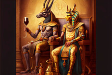 Illustration Of Anubis Sitting On His Throne In Egypt Drinking A Cup Of Wine On His Throne Created With Generative AI Technology