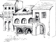 Mediterranean Houses. Hand Drawing. Isolated Illustration For Banner, Background, Card, Mural, Poster.