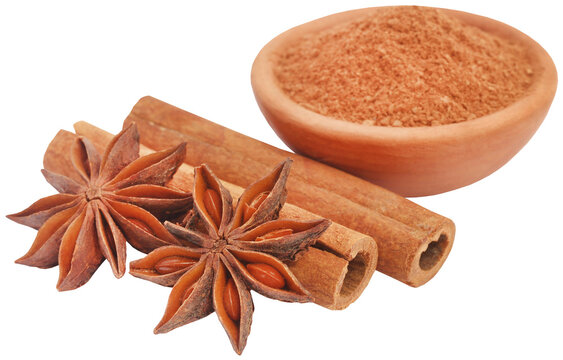 some aromatic cinnamon with star anise and ground spice in a bowl