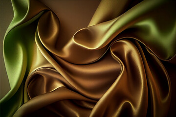 Gold shiny luxury draping silk satin fabric wave background, abstract dynamic smooth wavy elegant golden yellow silk cloth texture design, Ai generated