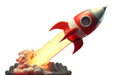 launch of a red rocket isolated on clear png background, made of precious metal. successful start co