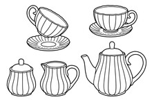 Hand Drawing Tea Set. Teapot, Milk Jug, Sugar Bowl And Cups And Saucers. Black Outline. Coloring Page.