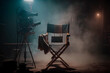 © egor_valeev - Film Studio, Indoor film set lighted director's chair in the long centre, vintage cinematic equipment on the sides on dark background, Generative AI
