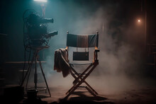 Film Studio, Indoor film set lighted director's chair in the long centre, vintage cinematic equipment on the sides on dark background, Generative AI