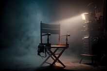 Film Studio, Indoor Film Set Lighted Director's Chair In The Long Centre, Vintage Cinematic Equipment On The Sides On Dark Background, Generative AI