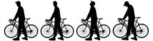 The Guy Stands Motionless And Holds The Handlebars Of A Bicycle In His Hands. The Man With The Bike Looks Around And Turns His Head. Side View. Four Black Male Silhouettes Isolated On White Background