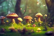 Fairy Houses In Fantasy Forest With Glowing Mushrooms. Generative AI