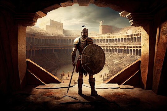 the majestic antique gladiator: standing strong in the ancient roman coliseum with sword and shield 