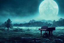 Background Image For Old Piano With Epic Nature Landscape, Black,turquoise Blue, Purple,cinematic Field, Bit Of Darkness,tons Of Details. Generative AI