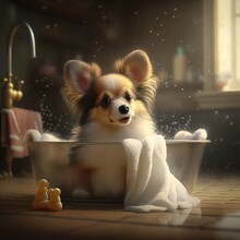 Cachorrinho Lindo E Fofo Tomando Banho De Banheira. Generative AI
