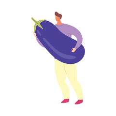 Poster - Cartoon Color Character Boy Holding Eggplant Food and Diet Vegan Healthy Concept Flat Design Style. Vector illustration