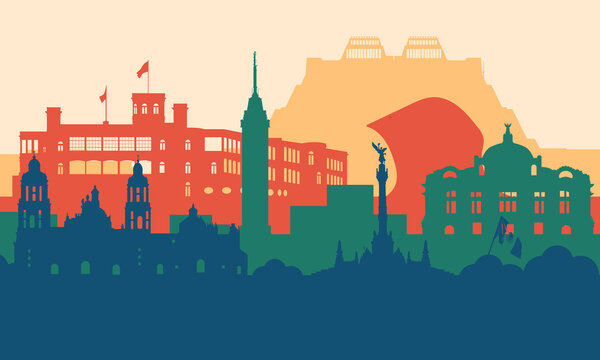 illustration of mexico mexico city silhouette with various buildings, monuments, tourist attractions