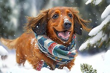 Retrato De Um Cachorro Feliz Andando Na Neve, Com Cachecol. Generative AI