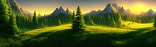Spruce Trees Forest Summer Background Against The Backdrop Of A Mountain Range In The Morning Golden Hour With Sun Rays, Panorama Of Wildlife Forest In The Green Valley With Blue Sky