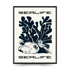 Abstract ocean and sea posters template. Modern sea Botanical trendy black style. Vintage seaweed, fish, shell. Ink wall  art.