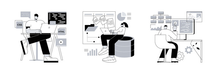 Website architecture abstract concept vector illustration set. Web development, PHP and MySql, CMS content management system, interface design, software testing, application coding abstract metaphor.