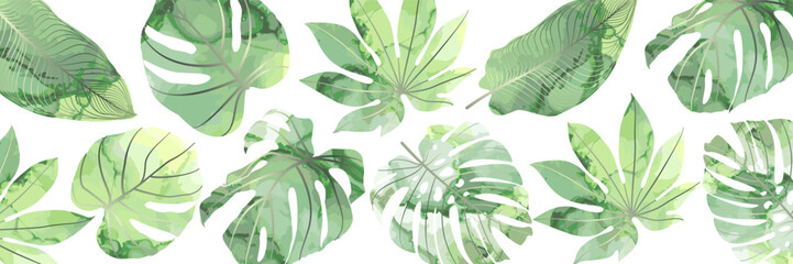 Botanical art wallpaper with palm leaves. Modern creative design alcohol ink texture for home decor, banners, and prints. Vector illustration.