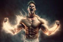 Athlete Screaming From Energy He Is Feeling, Strong Body In Lightning And Fire, Generative AI.