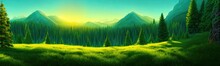 Panoramic View Of Big Mountains, Beautiful Green Meadows With Coniferous Trees. Flat Cartoon Landscape With Nature. Summer Spring Landscape. Travel Posters. Natural Park Forest Outdoor Background