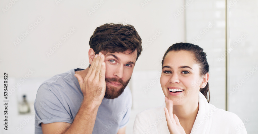 Couple Face Routine Keeping up appearances. Shot of a happy young couple going through ...