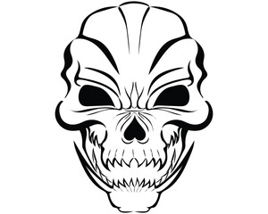 Poster - black and white silhouette cartoon illustration vector design of a skull head with a modified addition of two long canine teeth on its lower jaw