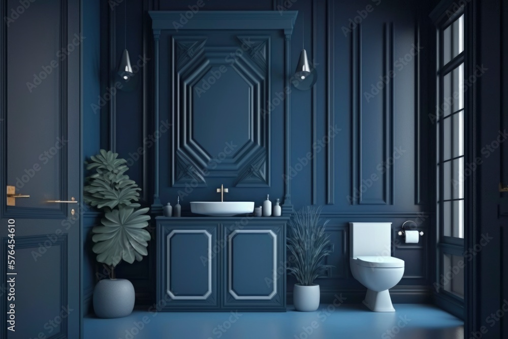interior of a modern dark blue bathroom at house. bright sun light from ...