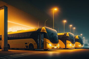 illuminated bus depot for night trips with yellow buses, created with generative ai