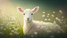 Sacrifice & Life Renewed: A White Young Lamb Bathed In The Soft Light Of Early Morning On A Jampacked Easter Day In Meadows Of Wild Flowers. Generative AI
