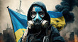 ukrainische frau im krieg mit gasmaske