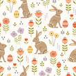 Easter seamless pattern with cute decorative bunnies, Easter eggs and spring flowers in modern folk style. Great for Easter wrapping paper, wallpaper, textile, packaging. Warm pastel colours.