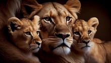 A Close Up Of A Mother Lioness With Her Little Cubs With Generative AI