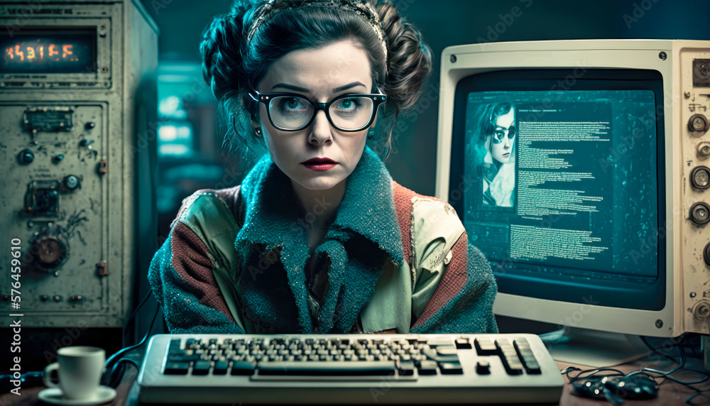 Female programmer and hacker from the 80s wearing worn clothes and ...