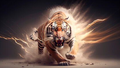 fierce tiger with sharp teeth running visualized with energy and lightning on a dark background