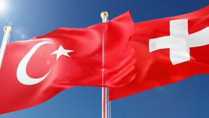 Wall Mural - turkey and switzerland flags waving in the wind against a blue sky. swiss, turkish national symbols 3d rendering