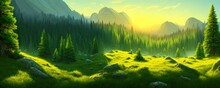 Spruce Trees Forest Summer Background Against The Backdrop Of A Mountain Range In The Morning Golden Hour With Sun Rays, Panorama Of Wildlife Forest In The Green Valley With Blue Sky