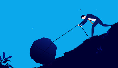 Wall Mural - Business challenge - Businessman working hard pulling big rock up hill. Difficult and struggle concept, flat design vector illustration