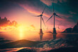 Side view of wind turbines on the sea: A wind farm concept at beautiful sunset.