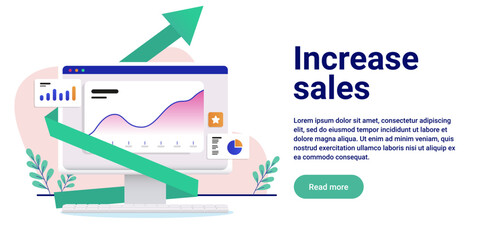 Fototapete - Increase sales - Web banner design of computer with rising chart and green arrow showing growth. Flat design vector illustration with copy space and white background